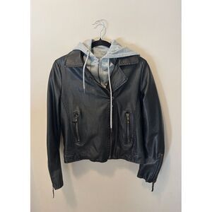 John & Jenn Women's Biker Moto Leather Jacket‎ Removable Hood Medium Black